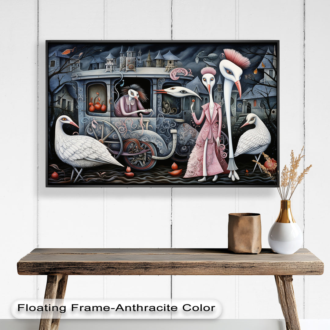 Crimson Couriers – Surreal Carriage Scene Oil Painting