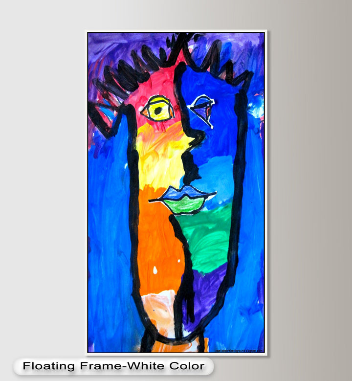 A vibrant and childlike face artwork divided into color sections, outlined in black with exaggerated features.