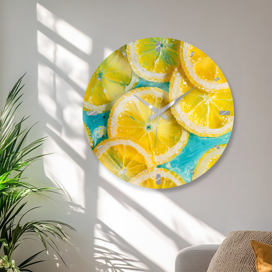 Yellow Lemon Glass Wall Clock – Bright Citrus Kitchen Decor