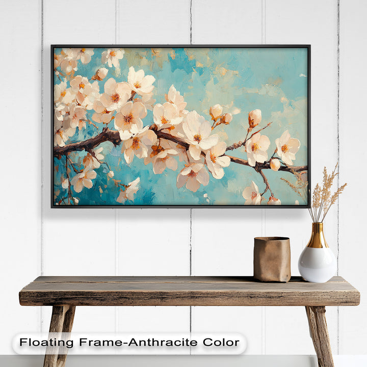 A serene and uplifting painting of blooming cherry blossoms, with vivid floral details and a dreamy sky-blue backdrop.