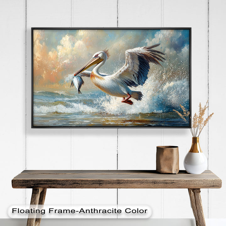 Pelican Catching Fish in Ocean Surf – Animal Oil Painting