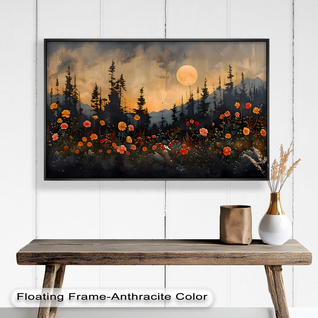 This enchanting painting captures a glowing full moon rising over silhouetted pine trees and mountains, with vibrant wildflowers blooming in the foreground.