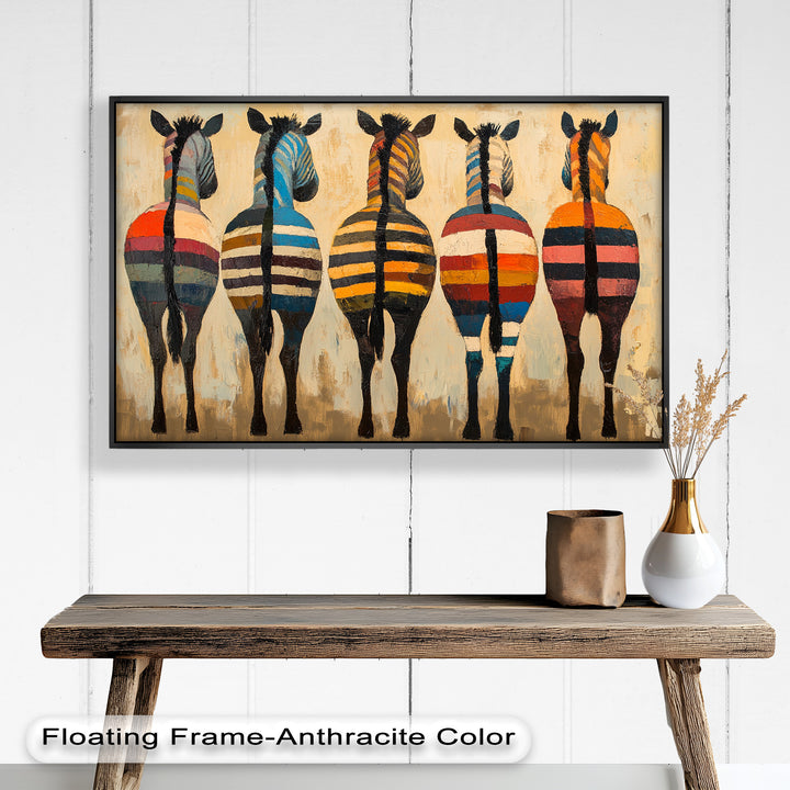Five Colorful Zebras with Bold Stripes – Animal Oil Painting