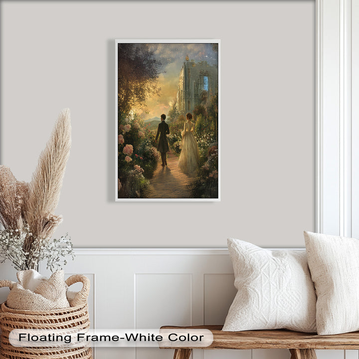 Victorian Lovers at Twilight – Romantic Garden Walk Oil Painting