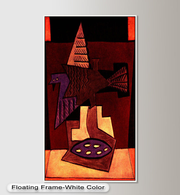 A modern art depiction of a bird with angular wings and surreal surroundings, rendered in dramatic reds and purples.