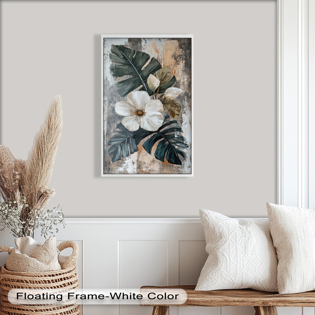 White Bloom and Tropical Leaves - Flower Oil Painting