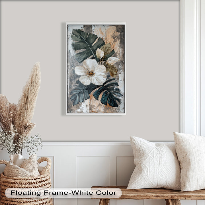 White Bloom and Tropical Leaves - Flower Oil Painting
