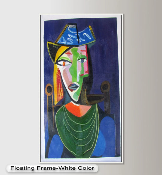 Framed in a white border, this oil painting artwork showcases a bold edge around a 'Jade and Indigo Muse' abstract woman in a Picasso-style portrait.