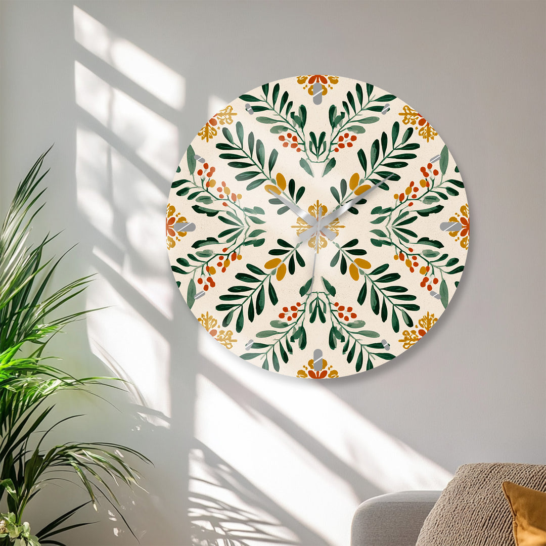 Botanical Glass Wall Clock – Green Leaf Farmhouse Decor