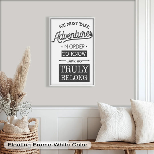 Featuring cool tones, the 'Adventurous Spirit' framed oil painting offers inspiring oil painting decoration with a black and white quote.
