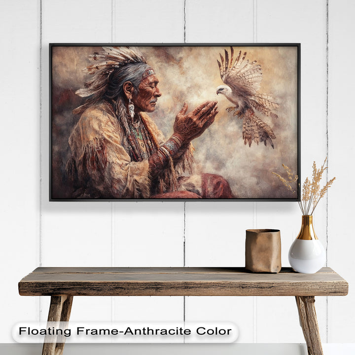Whisper to the Spirit – Native Elder and Falcon Oil Painting