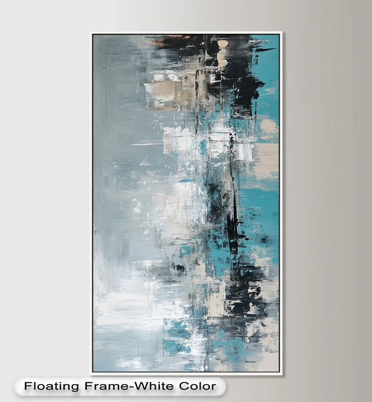 Framed with a thin white border, the edge of this textured abstract oil painting reproduction print, titled 'Urban Drift,' showcases teal, gray, and black hues.