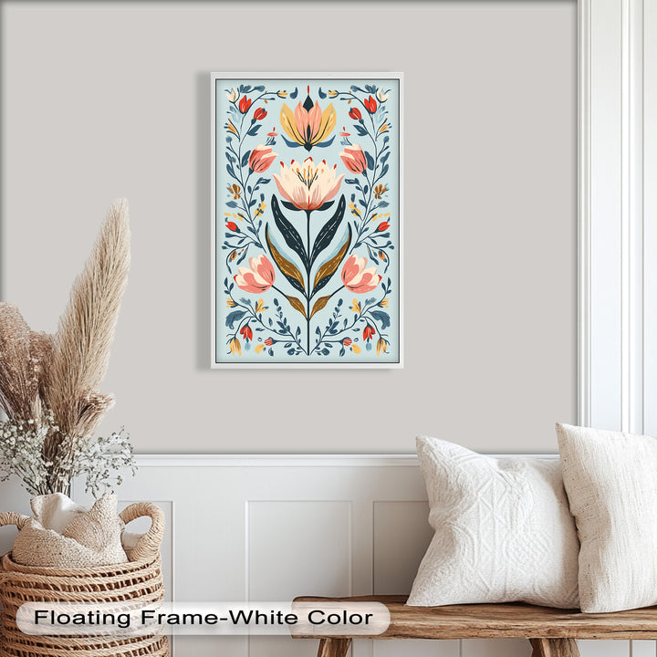Folk-inspirierte Tulpenharmonie – Boho-Blumenölgemälde