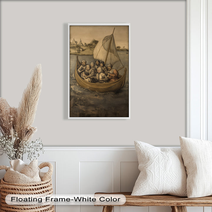 Medieval Sailors in Wooden Vessel - Historic Oil Painting