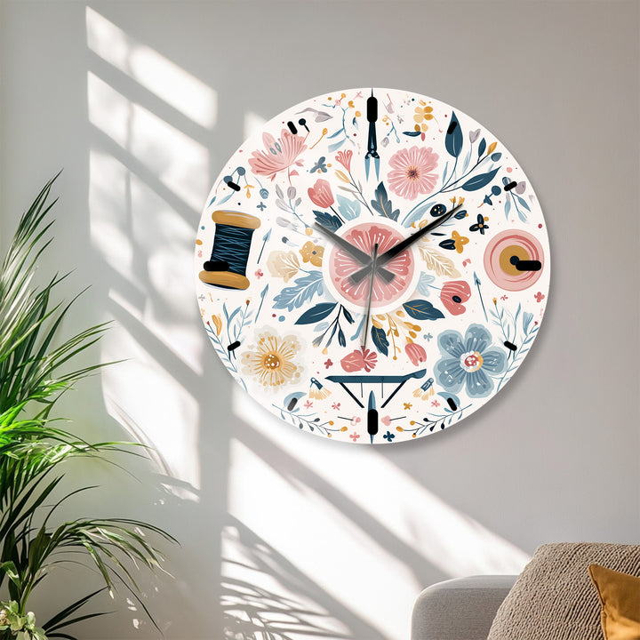 Floral Sewing Glass Wall Clock – Craft Room Decor
