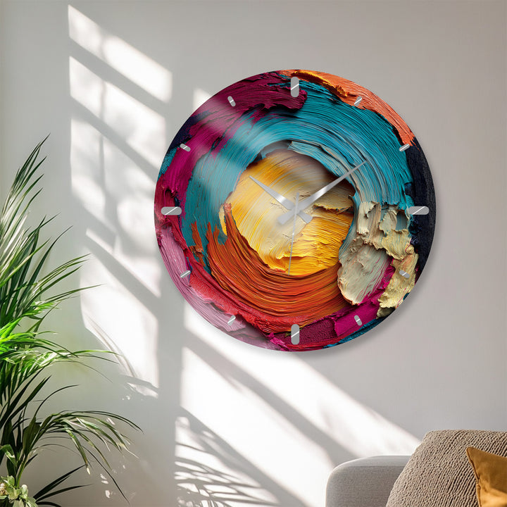 Colorful Abstract Glass Wall Clock – Vibrant Impasto Swirl Art