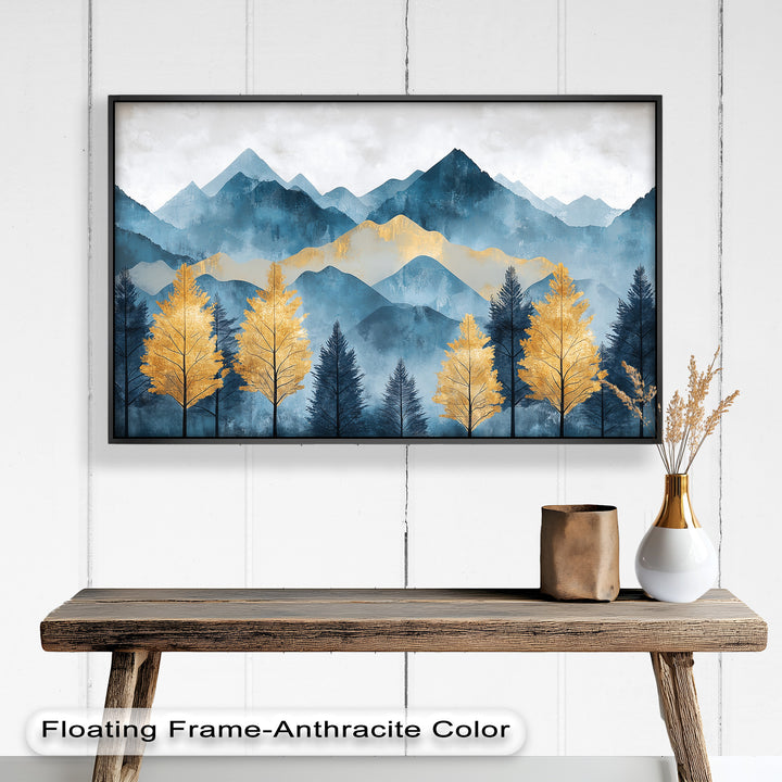 Blaue und goldene Aquarell-Berglandschaftskunst – Atemberaubende Ölgemälde