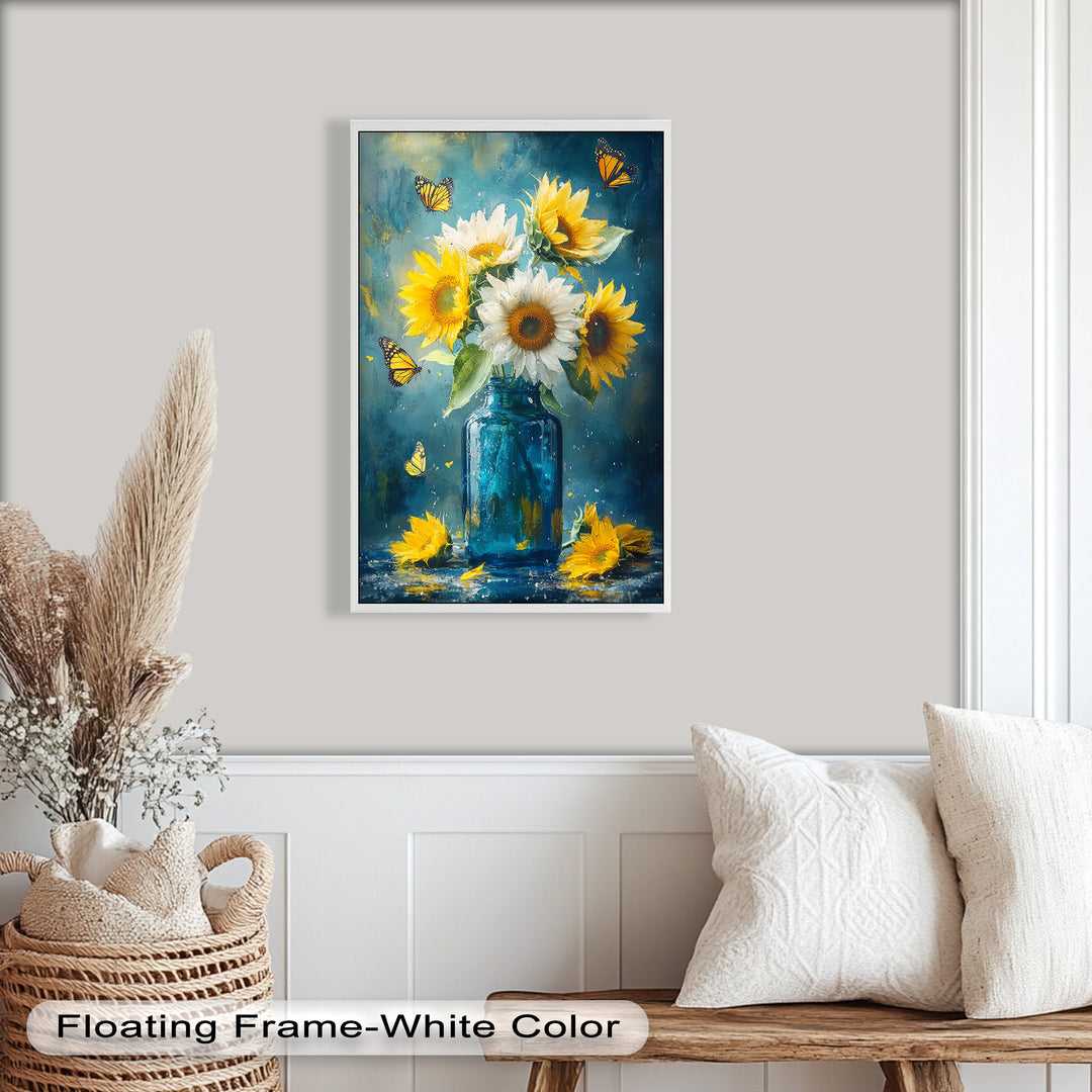 Sun-Kissed Radiance – Sunflowers in Blue Jar Flower Oil Painting