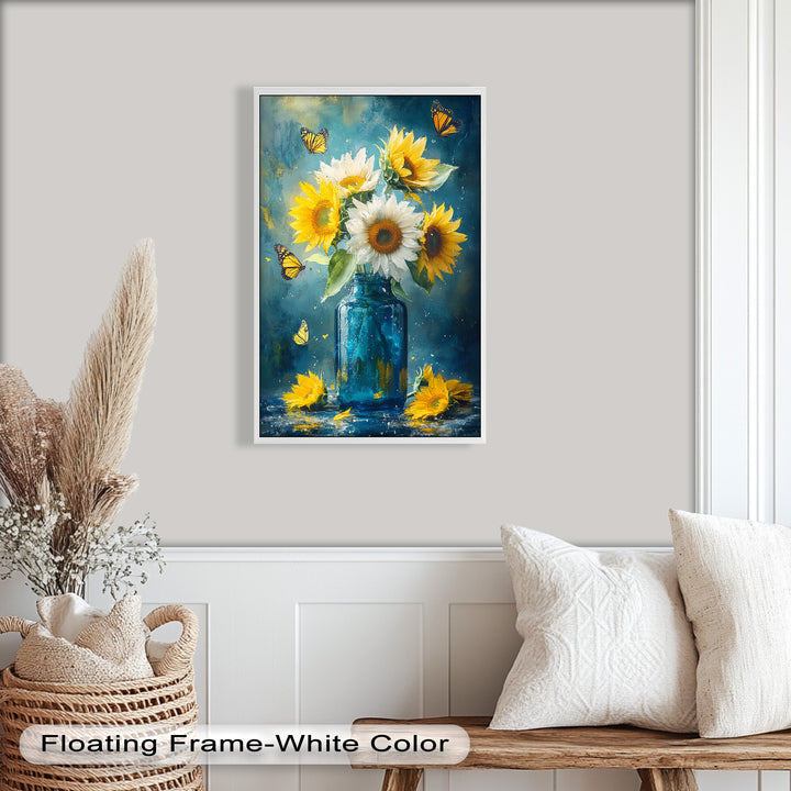 Sun-Kissed Radiance – Sunflowers in Blue Jar Flower Oil Painting