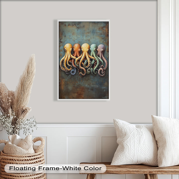 Whimsical Row of Octopuses – Colorful Sea Life Animal Oil Painting