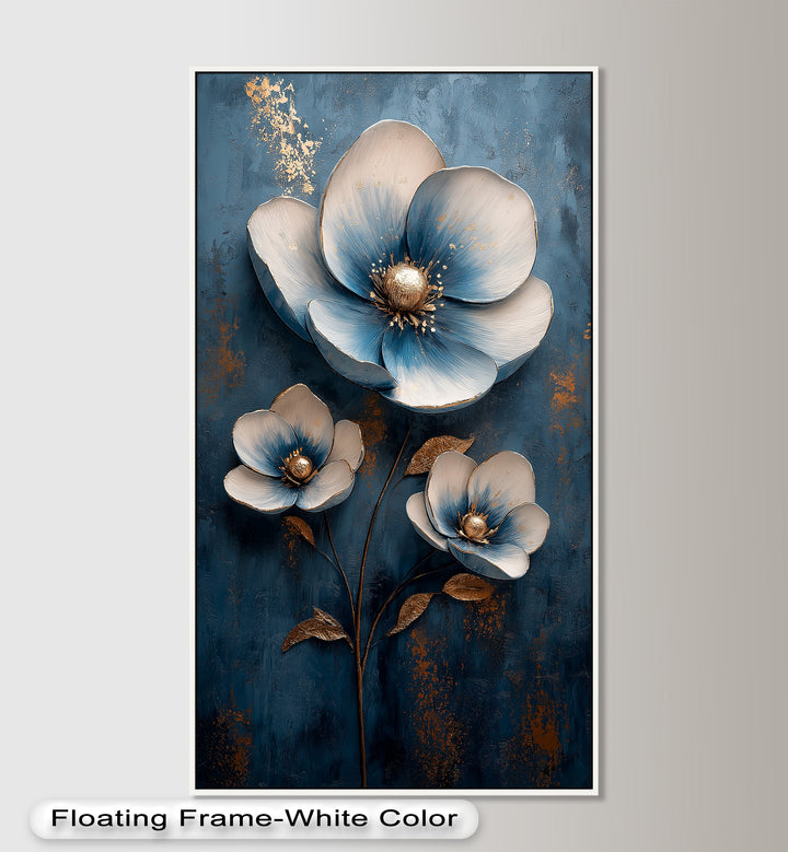 Deep Blue and Metallic Floral Elegance - Flower Oil Painting