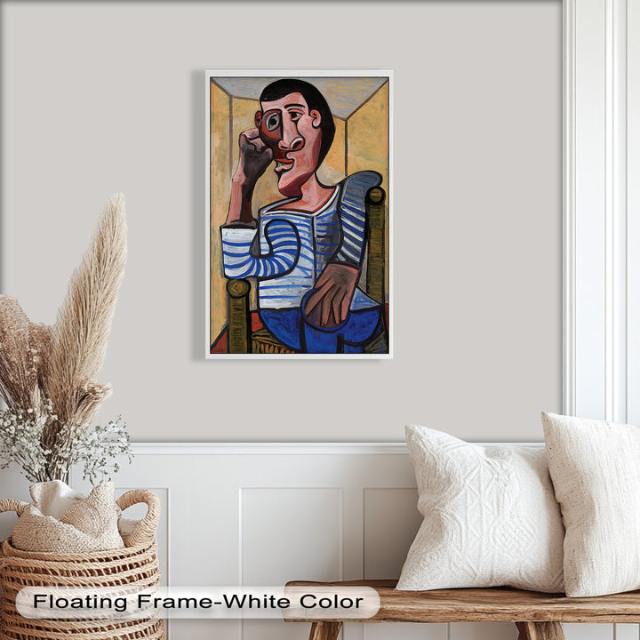 Melancholy in Stripes – Seated Man with Blue Shirt Picasso Oil Painting