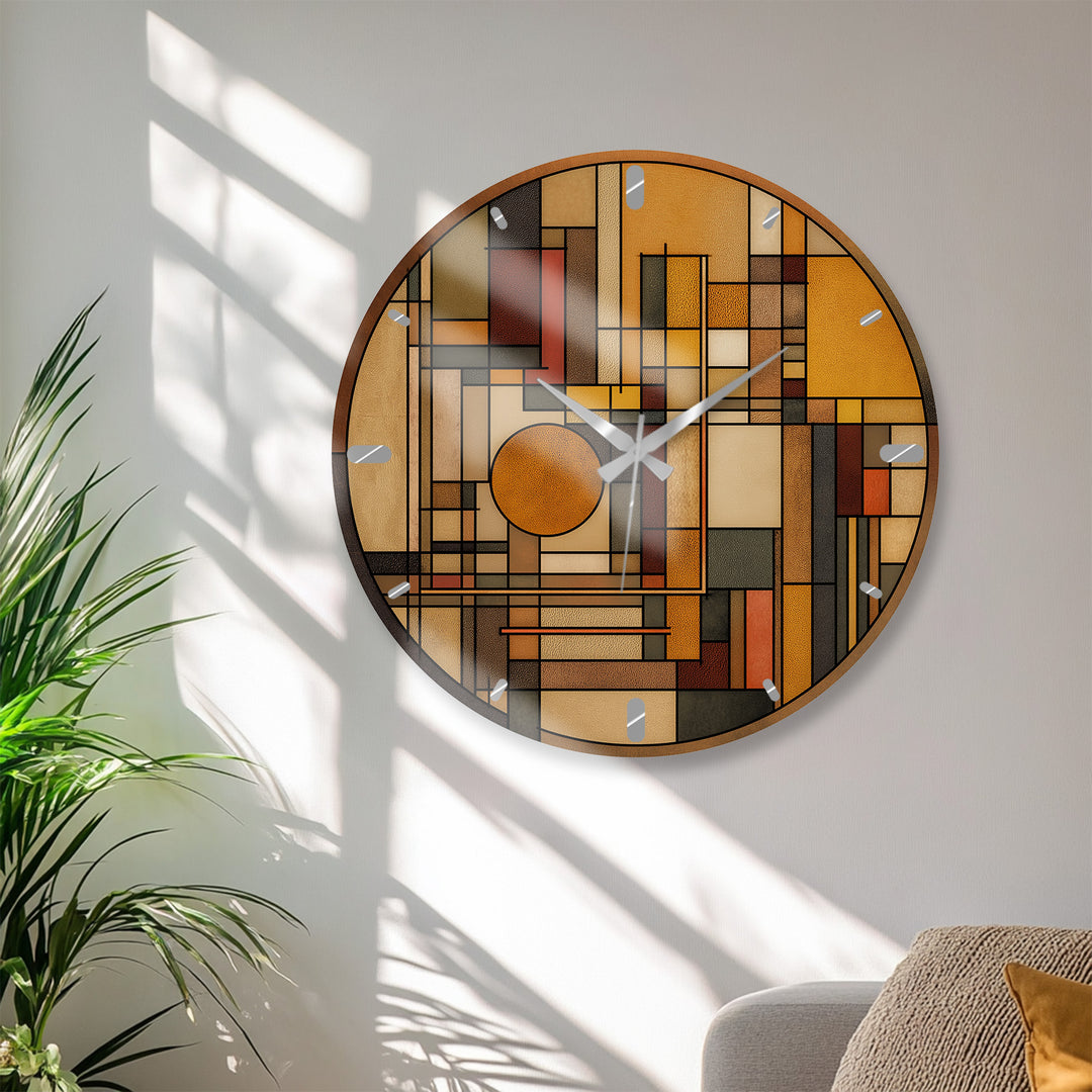 Art Deco Geometric Glass Wall Clock – Warm Retro Abstract Art