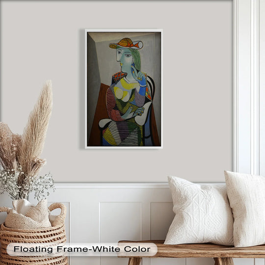 The darkest area defines the shadowy backdrop behind the colorful woman in a hat, accentuating the depth in this modern 'Striped Serenity' Picasso-inspired oil painting art prints.