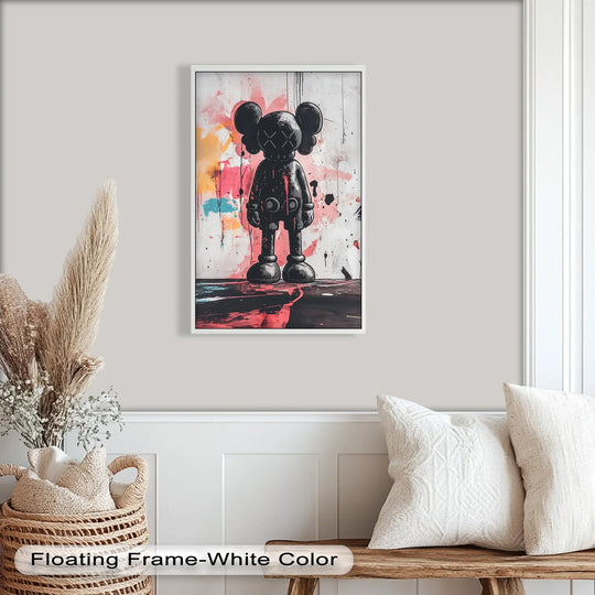 Organic forms in this KAWS oil painting wall art extend from the toy's shape to the fluid strokes of the graffiti background.