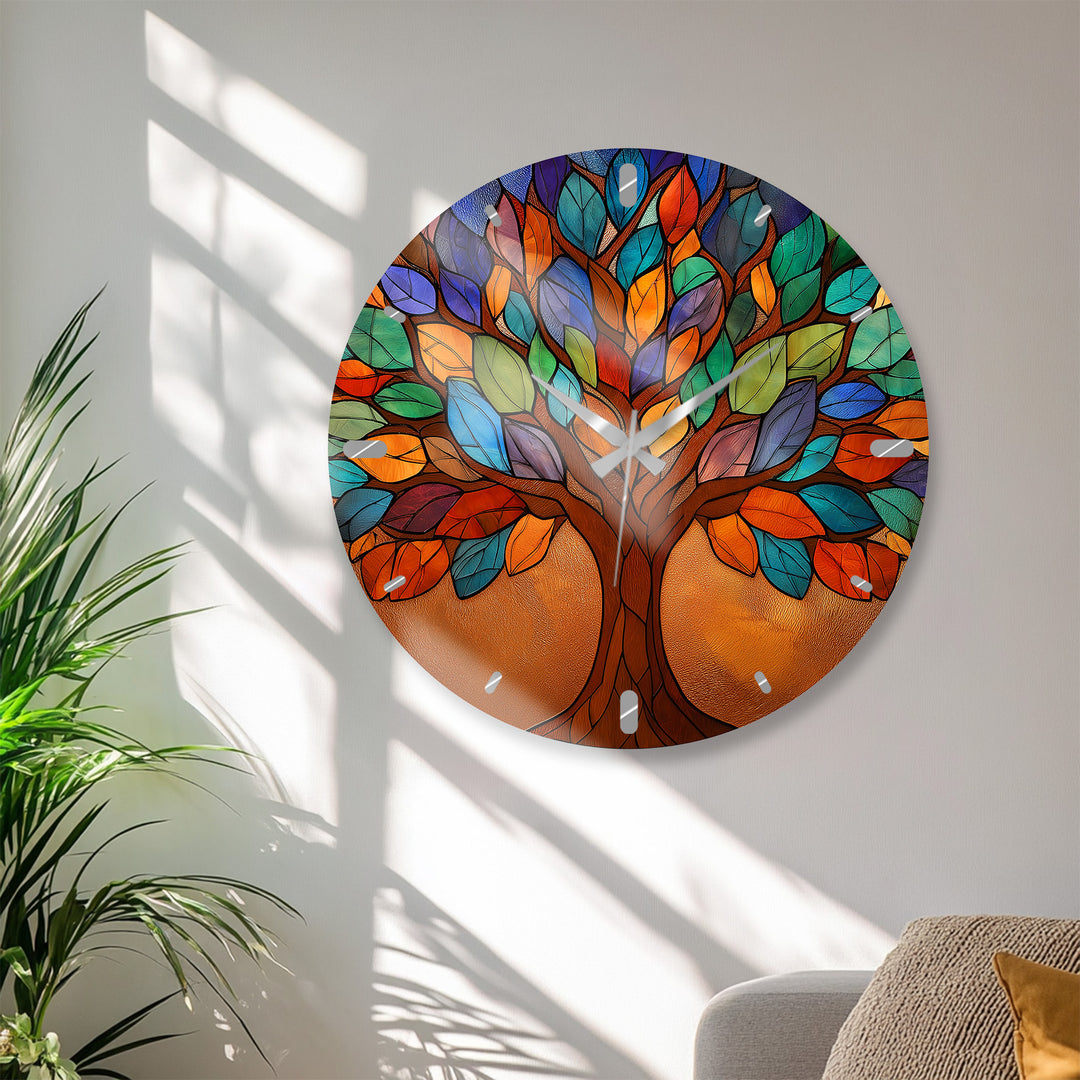 Bunte Glas-Wanduhr „Baum des Lebens“ – Buntglas-Stil