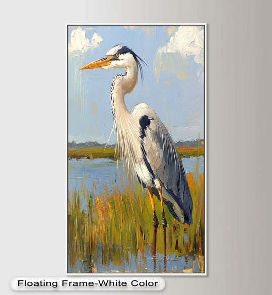 Illustrating the layering effect, this animal oil painting depicts a heron in the wetlands, showcasing depth with masterful oil painting art prints and brushstrokes that capture sunlit textures.