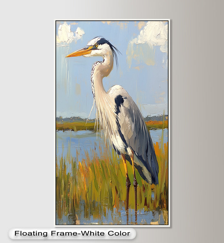 Heron in Sunlit Wetlands - Animal Oil Painting