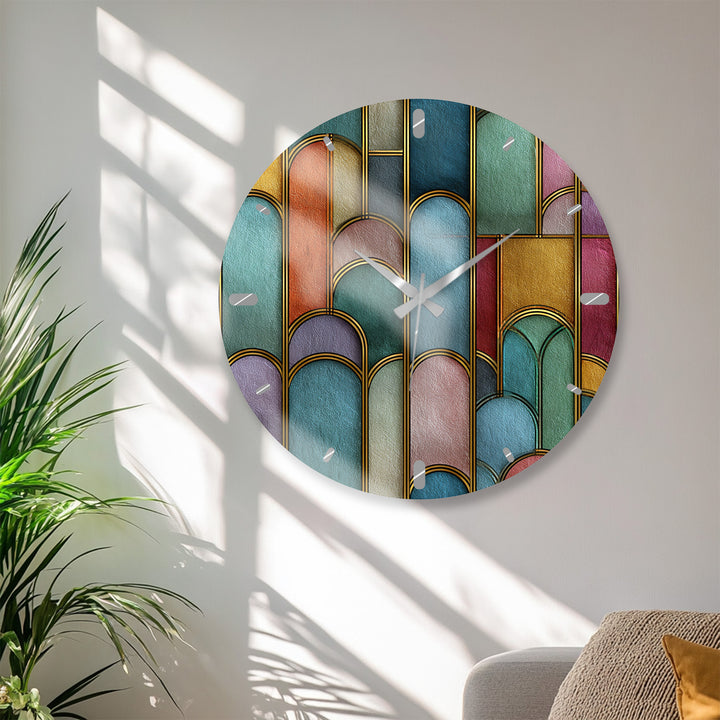 Art Deco Glass Wall Clock – Colorful Geometric Arch Decor
