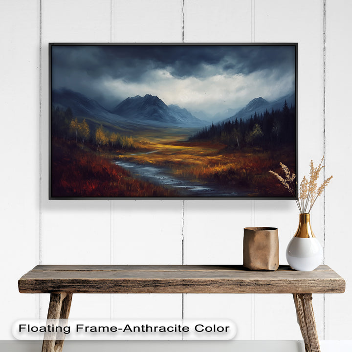 An intense landscape of highlands and forests, where a break in the clouds casts warm light over the vivid fall-colored valley.