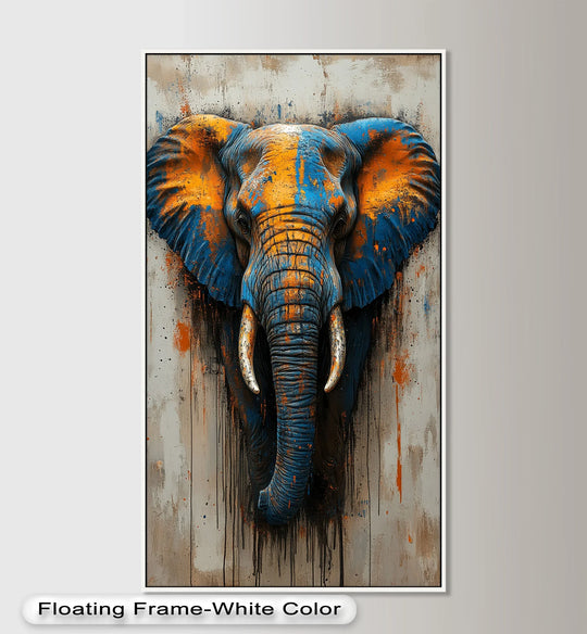 Warm oranges and cool blues clash in this vibrant elephant portrait oil painting art prints, creating a captivating contrast and dynamic visual experience.