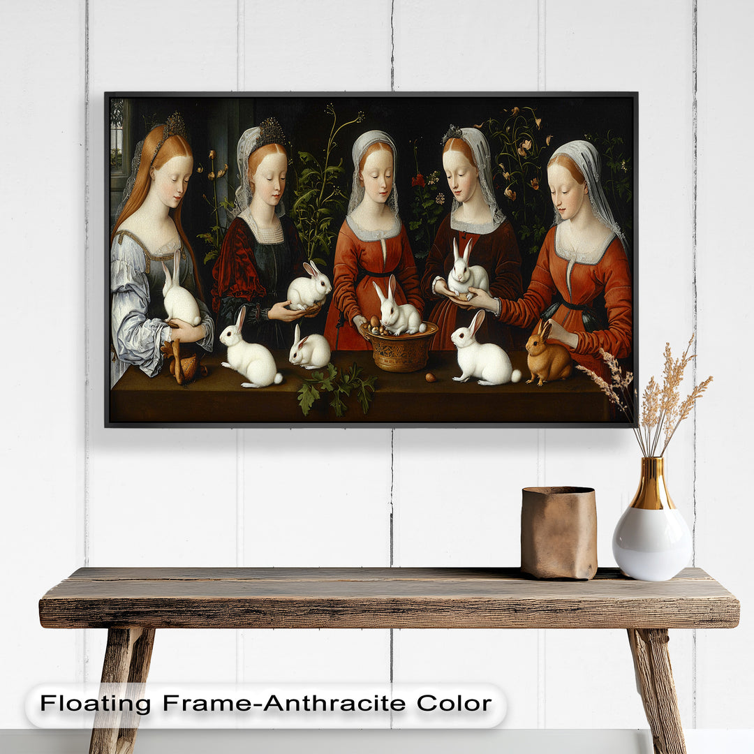 Maiden Garden Gathering – Renaissance Rabbit Portrait Oil Painting