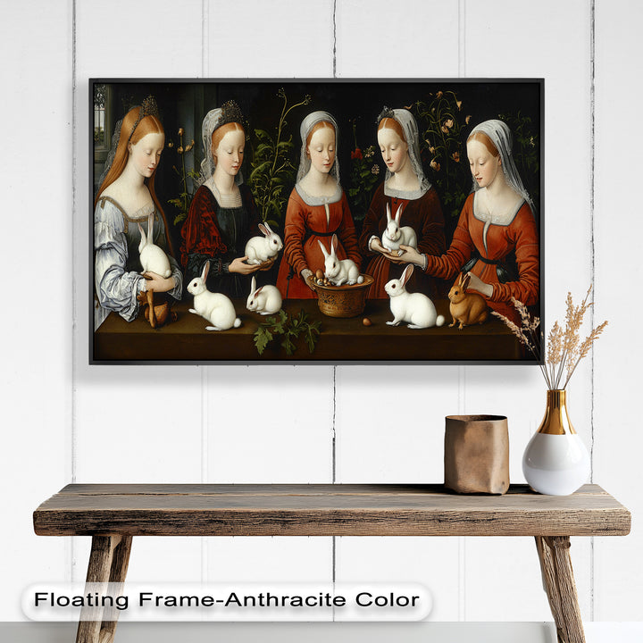 Maiden Garden Gathering – Renaissance Rabbit Portrait Oil Painting