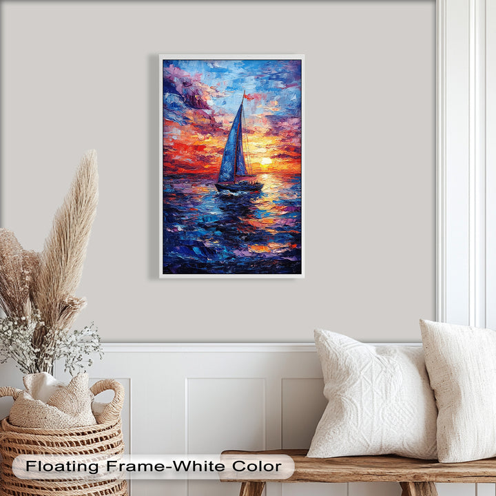 Crimson Horizon – Sunset Voyage Boat Oil Painting