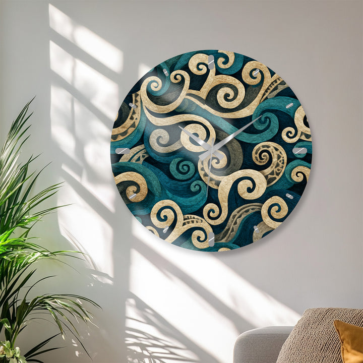 Teal Spiral Glass Wall Clock – Blue and Beige Abstract Swirl Art