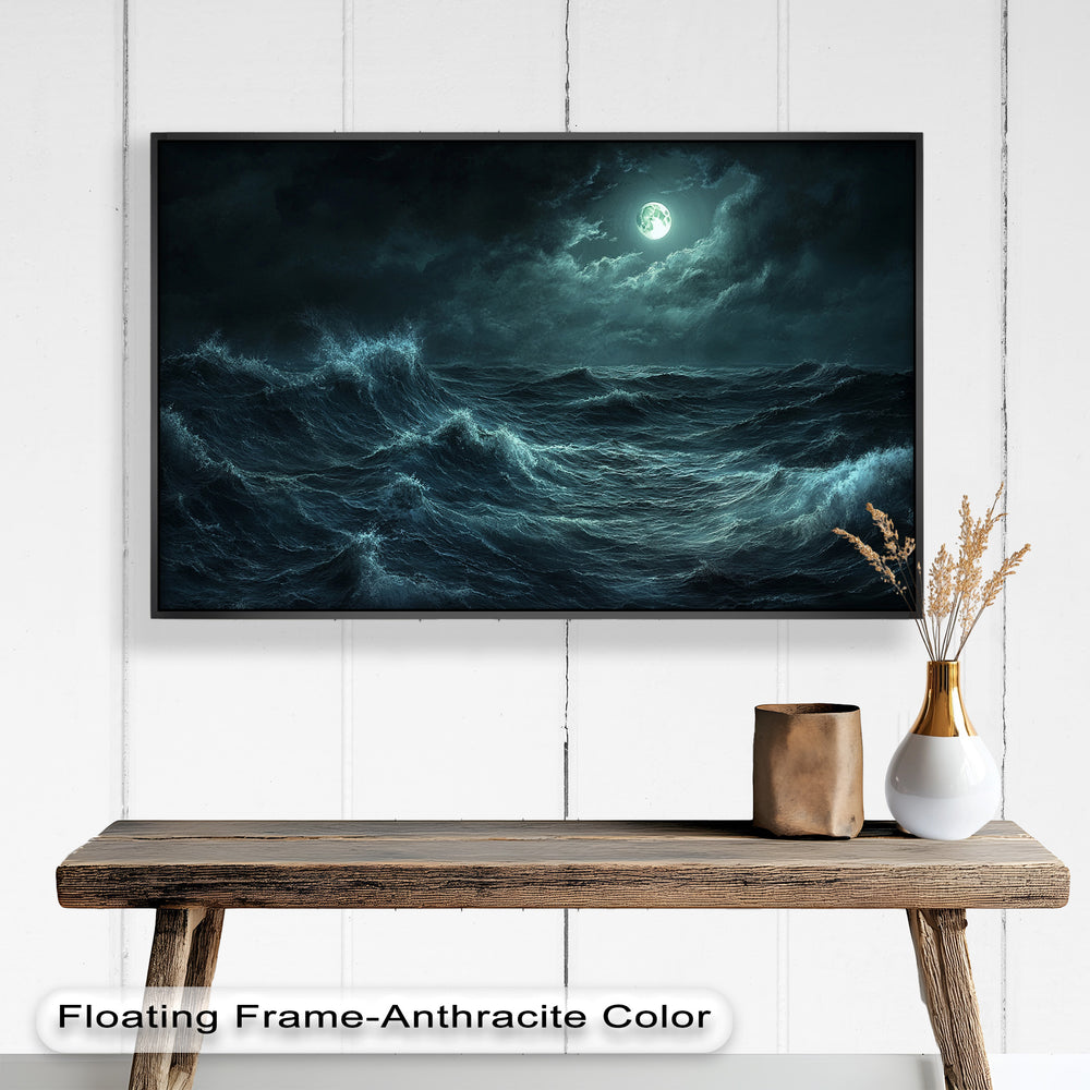 With powerful brushstrokes and deep shades of blue and black, the artwork evokes the raw energy and mystery of the ocean at night.