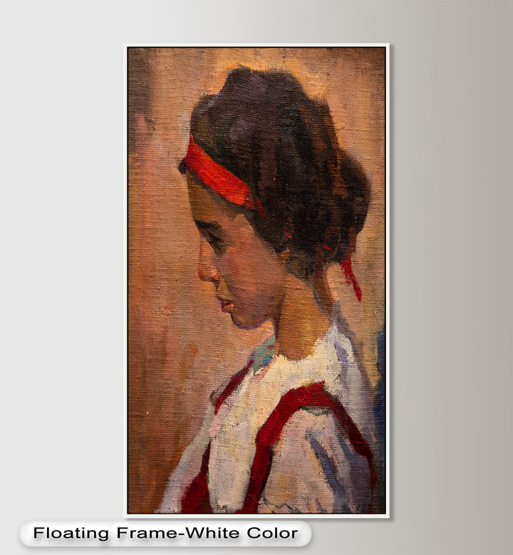 Crimson Reverie – Side Portrait of a Girl in Red Headband Oil Painting