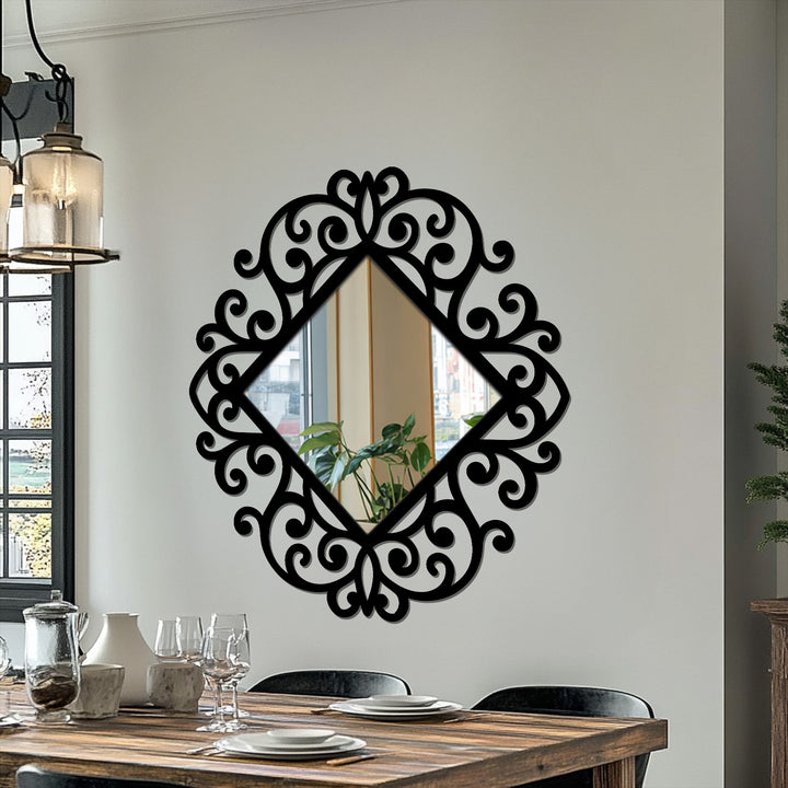 Depth and layers are created within this diamond mirror, a modern wall mirrors piece, with its ornate baroque frame and reflective surface, enhancing its ornamental scroll design.