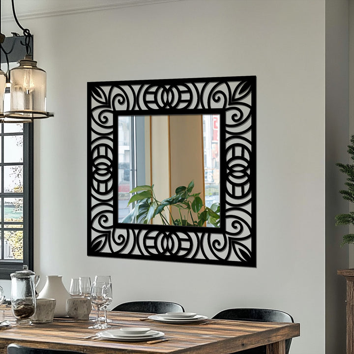 Visual rhythm creates a captivating effect in this ornamental scroll pattern square floor mirror, where geometric accents subtly enhance the decorative metal art frame.