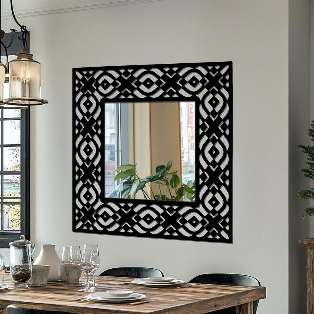 Black dominates this geometric tribal pattern square mirror, featuring a symmetrical openwork frame, adding bold metal wall decor to a contemporary space.