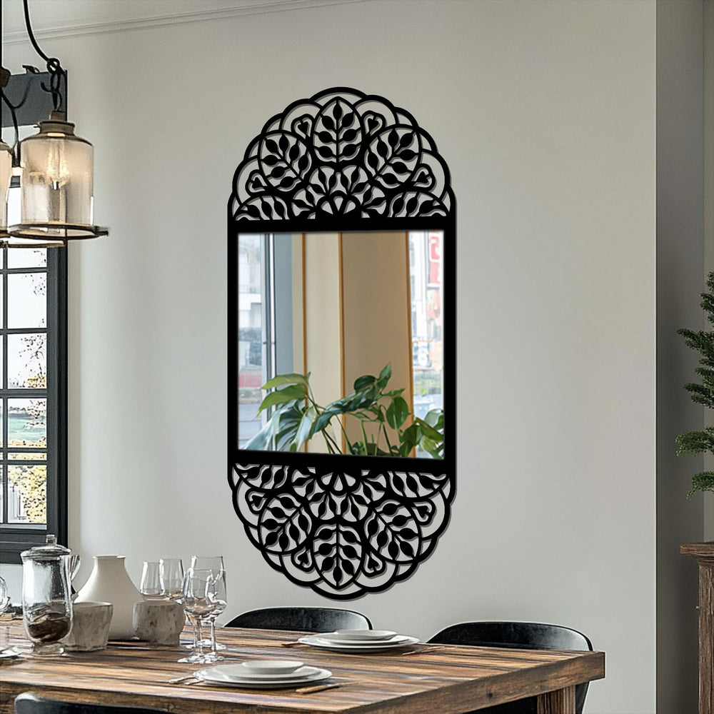 Soft light reflects in the Floral Mandala Pattern Vertical Floor Mirror, illustrating the art of decorating with wall mirrors for an ornamental touch.