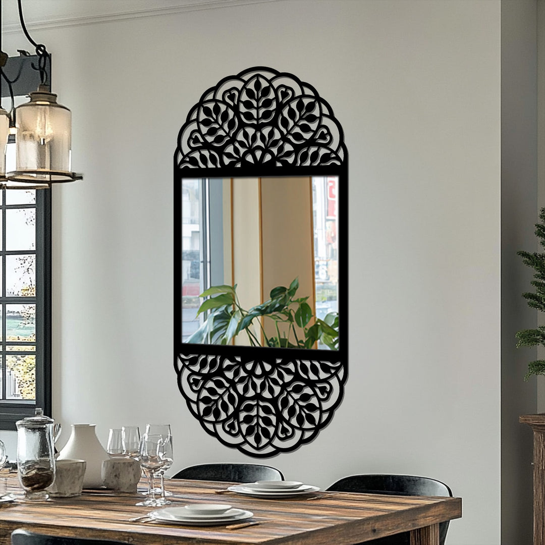 Soft light reflects in the Floral Mandala Pattern Vertical Floor Mirror, illustrating the art of decorating with wall mirrors for an ornamental touch.