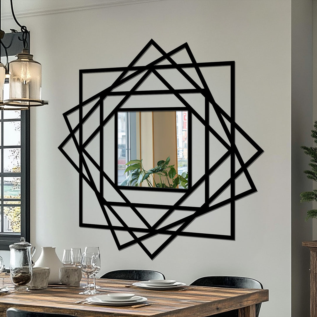 Subtle light and shadow play across the layered lines of this geometric frame square mirror, a unique metal artwork piece adding dimension to home decor.