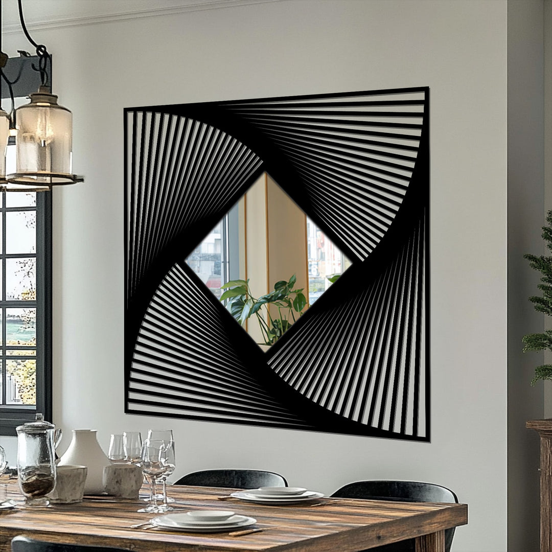 Neutral color temperature highlights the decorating with wall mirrors aspect of this radial line art frame diamond floor mirror, creating a modern geometric design.