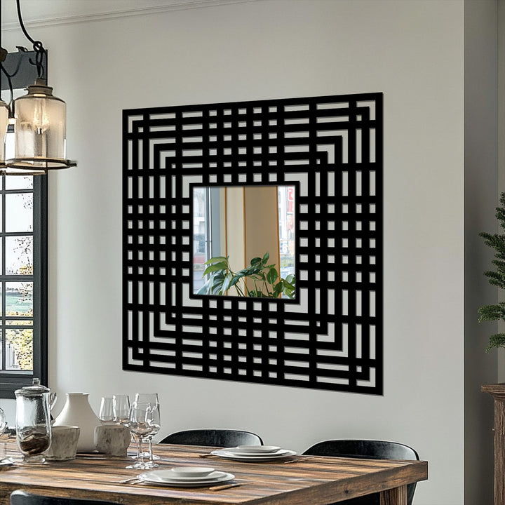 Reflecting the transition between colors, this geometric grid mirror with a metal wall decor frame features a modern linear design reflecting the room.