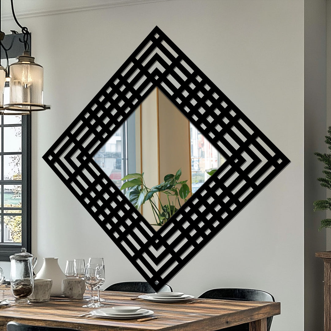 Organic forms are reflected in the modern mirror, framed by a metal artwork featuring a layered grid and diamond geometric pattern.